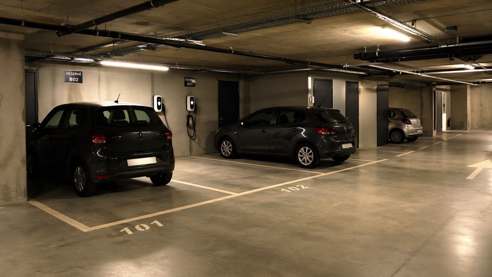 Parking souterrain moderne avec places numerotees et borne de recharge electrique - investissement locatif