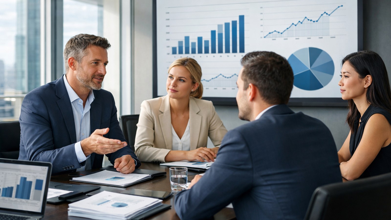 Réunion d'investissement private equity avec analyse de graphiques financiers