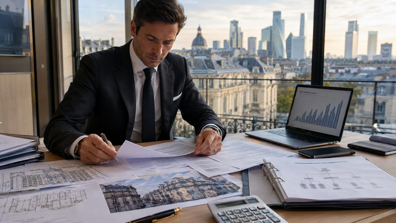 Investisseur français analysant des documents pour structurer une holding SCI patrimoniale