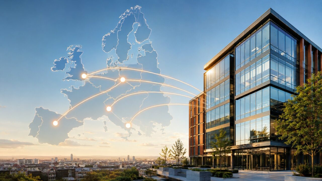 Bureaux modernes en Europe et carte des principales capitales financières pour illustrer les SCPI européennes