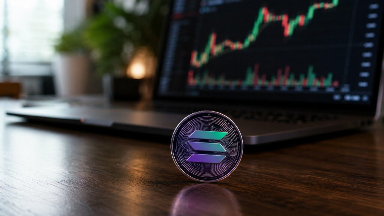 Pièce cryptomonnaie Solana SOL devant un écran de trading affichant un graphique haussier
