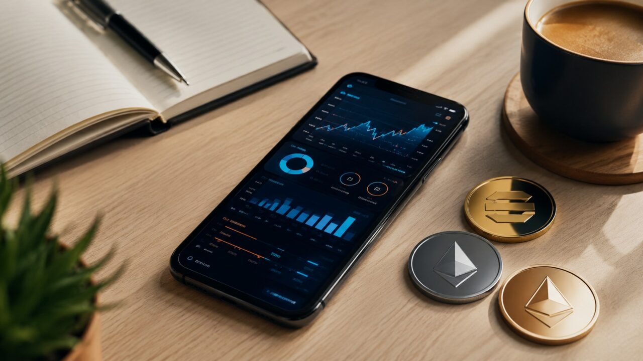 Staking crypto : dashboard sur smartphone avec pieces Ethereum et Solana