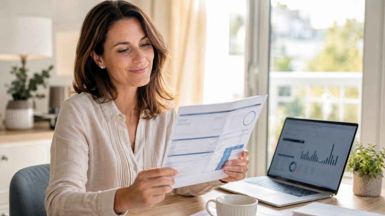Femme consultant un relevé de Compte Épargne Logement CEL à son bureau