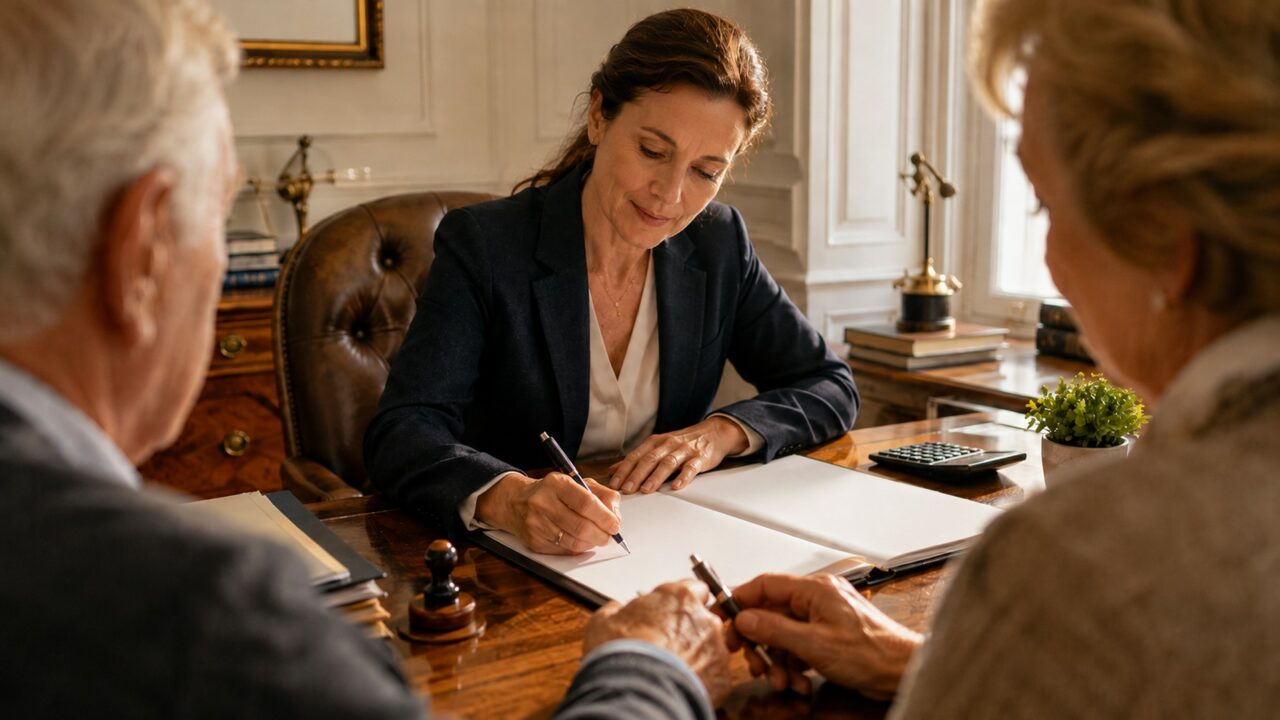 Notaire signant un acte de vente en viager avec un couple senior en étude notariale