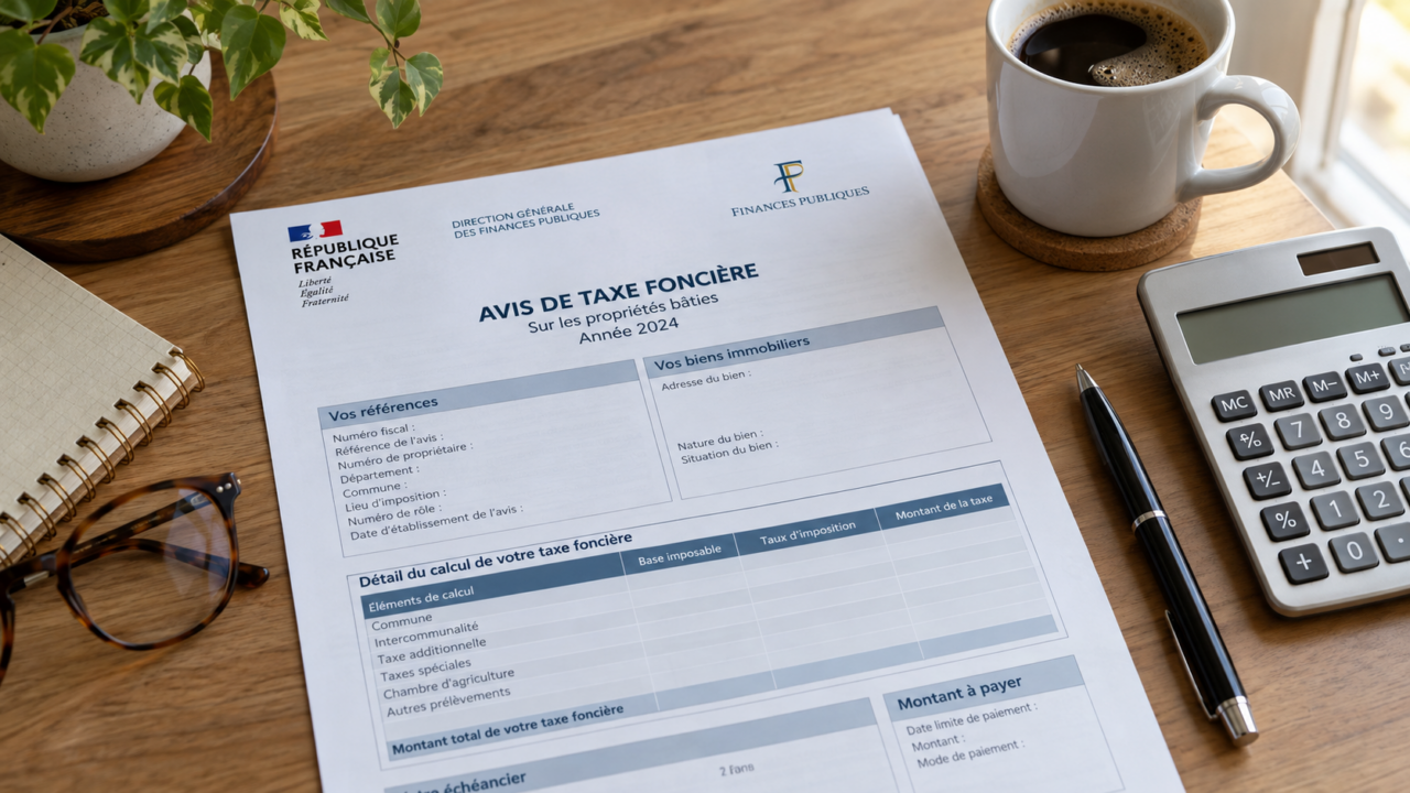 Avis de taxe foncière 2026 posé sur un bureau avec calculatrice et tasse de café