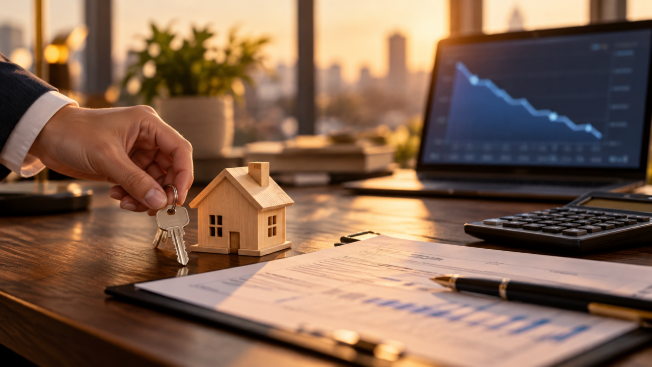 Rachat de crédit immobilier 2026 : clé de maison, maquette et graphique de taux descendant